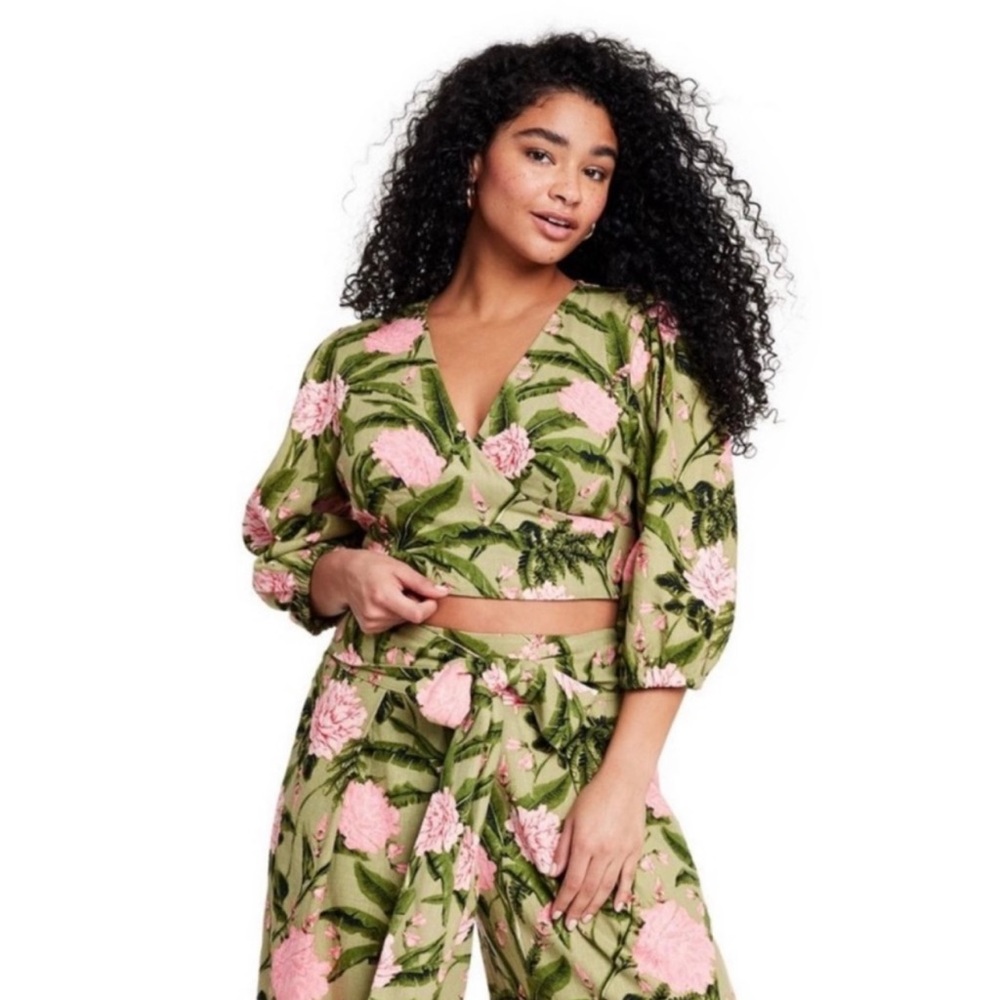 Women's Large Peony Print Tie Wrap Top - Agua Bendita × Target Dark Olive/Blush